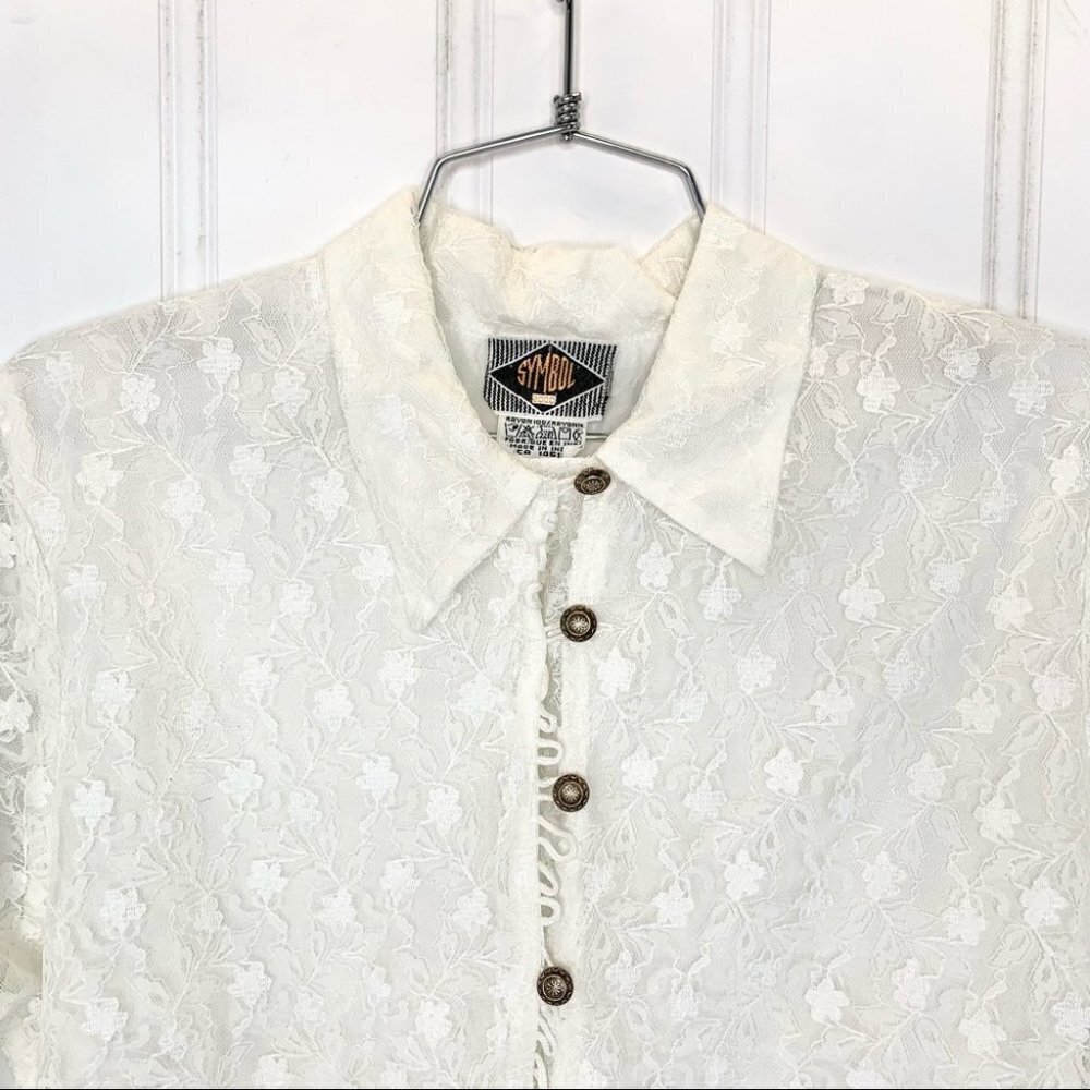 VINTAGE SYMBOL WHITE  LACE BUTTON DOWN GOLD BUTTONS SEMI SHEER WOMEN SHI… - Picture 5 of 14